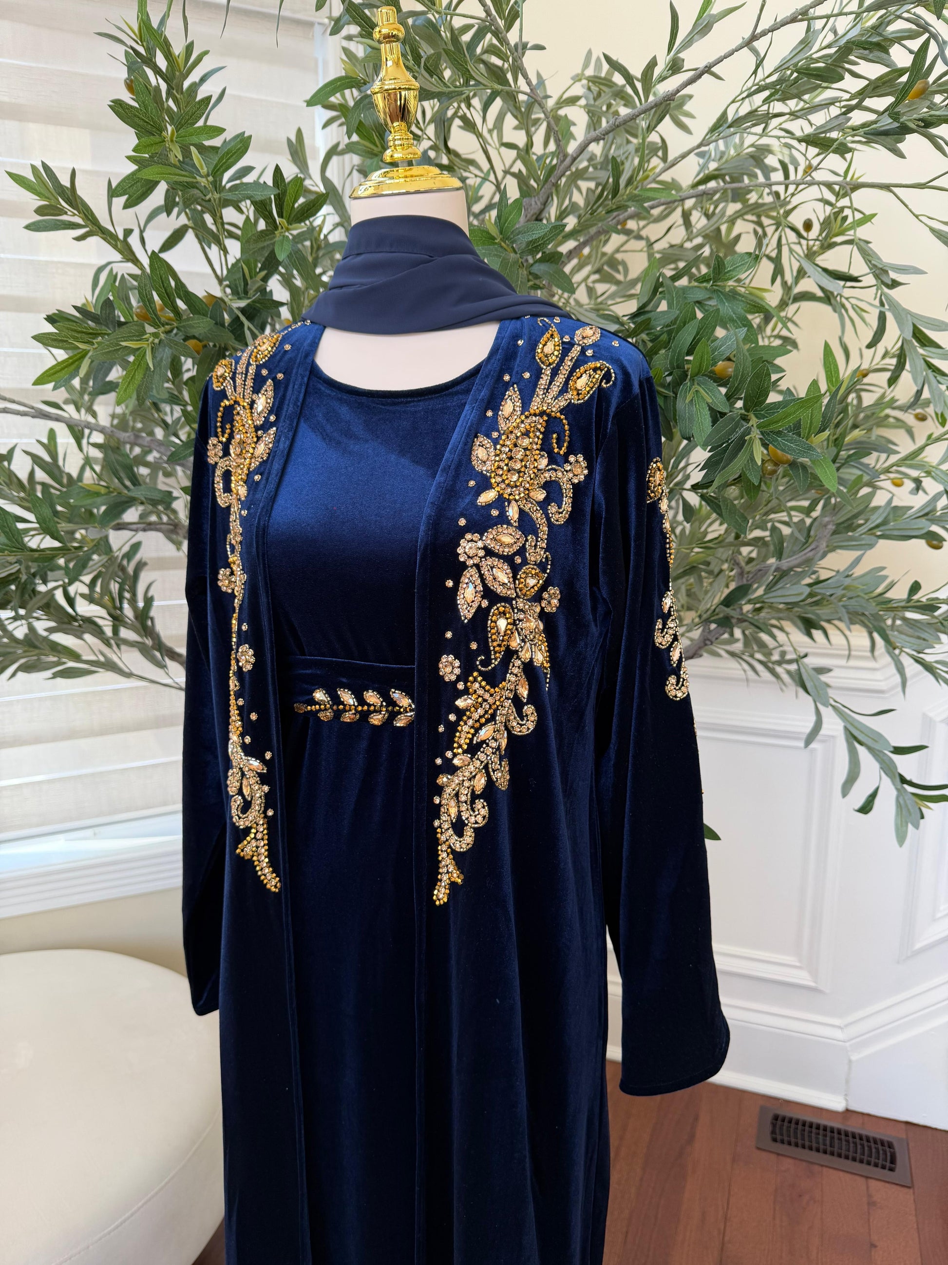 Navy Blue Golden Two Piece Charm Abaya
