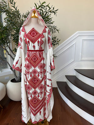 White Elegance Red Tatreez Thobe Dress / Khirka Shal included