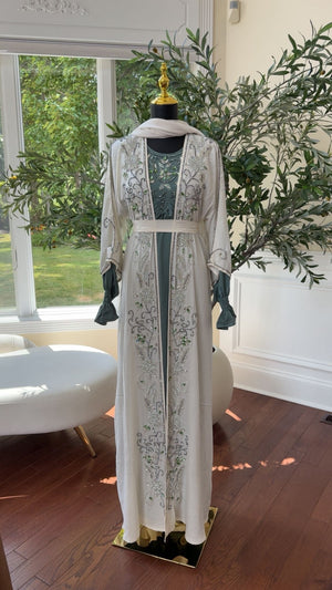White Two Piece Beaded Abaya
