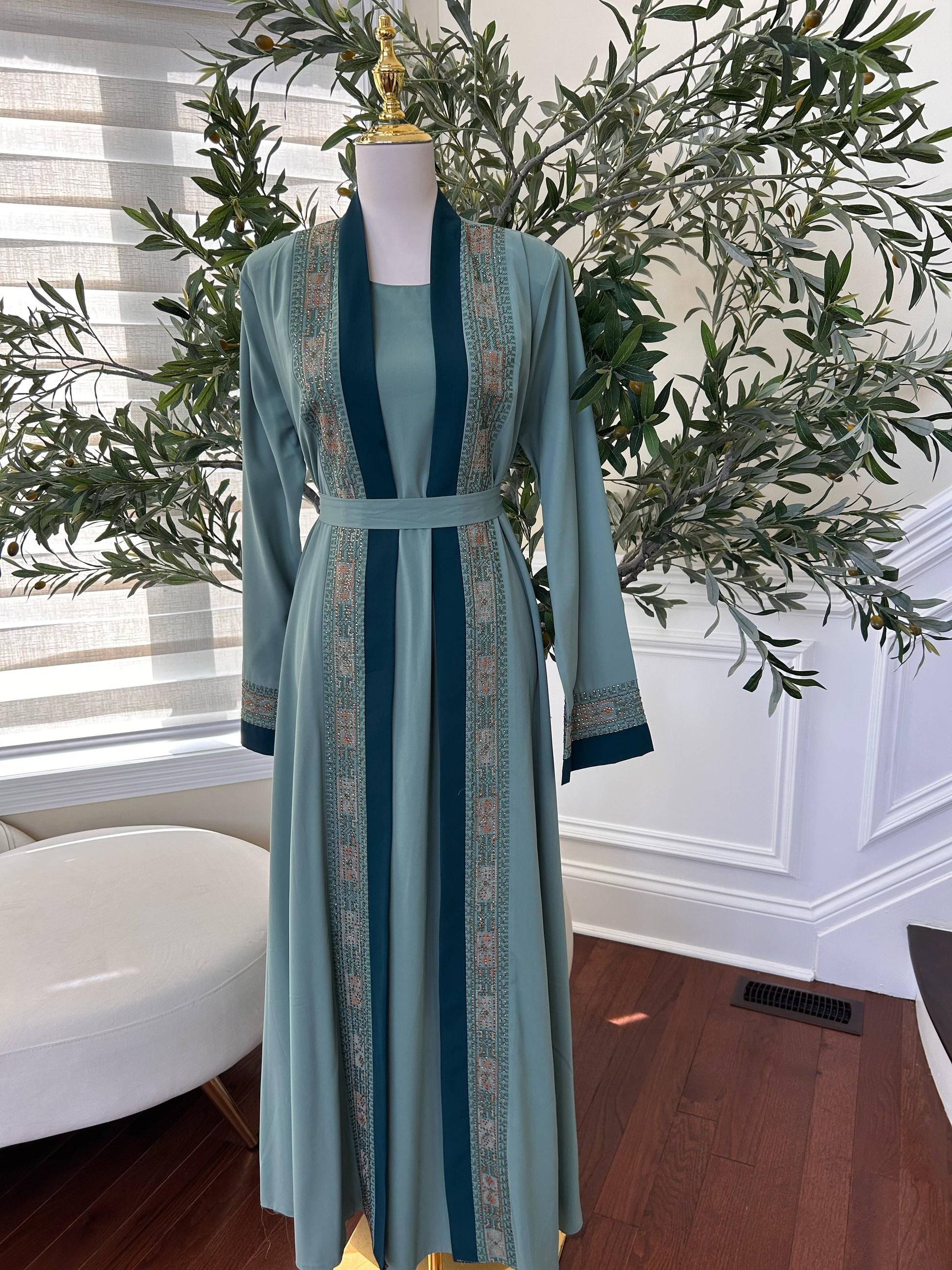 Teal Harmony Two Piece Tatreez Beaded Abaya