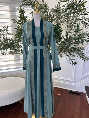 Teal Harmony Two Piece Tatreez Beaded Abaya