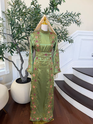 Elegant Sage Green Satin Thobe with Pink Floral Embroidery, Gold Detailing, and Matching Belt( scarf not included)