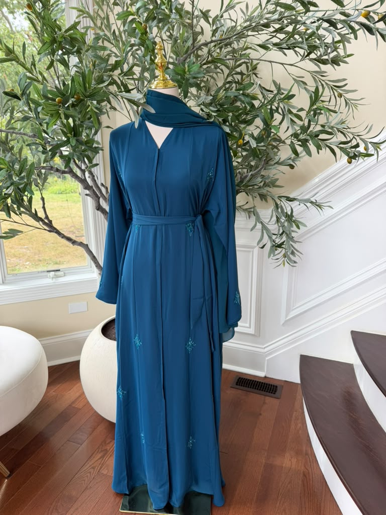 Turquoise Nada Fabric Charm Beaded Elegance Abaya