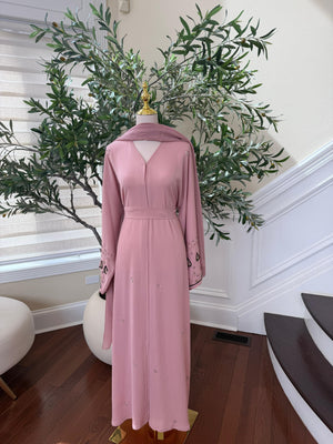 Pink Rose Sleeve Design Beaded Abaya