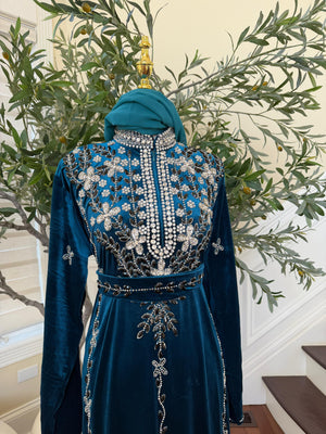 Turquoise Crystal Velvet Design Elegance Abaya