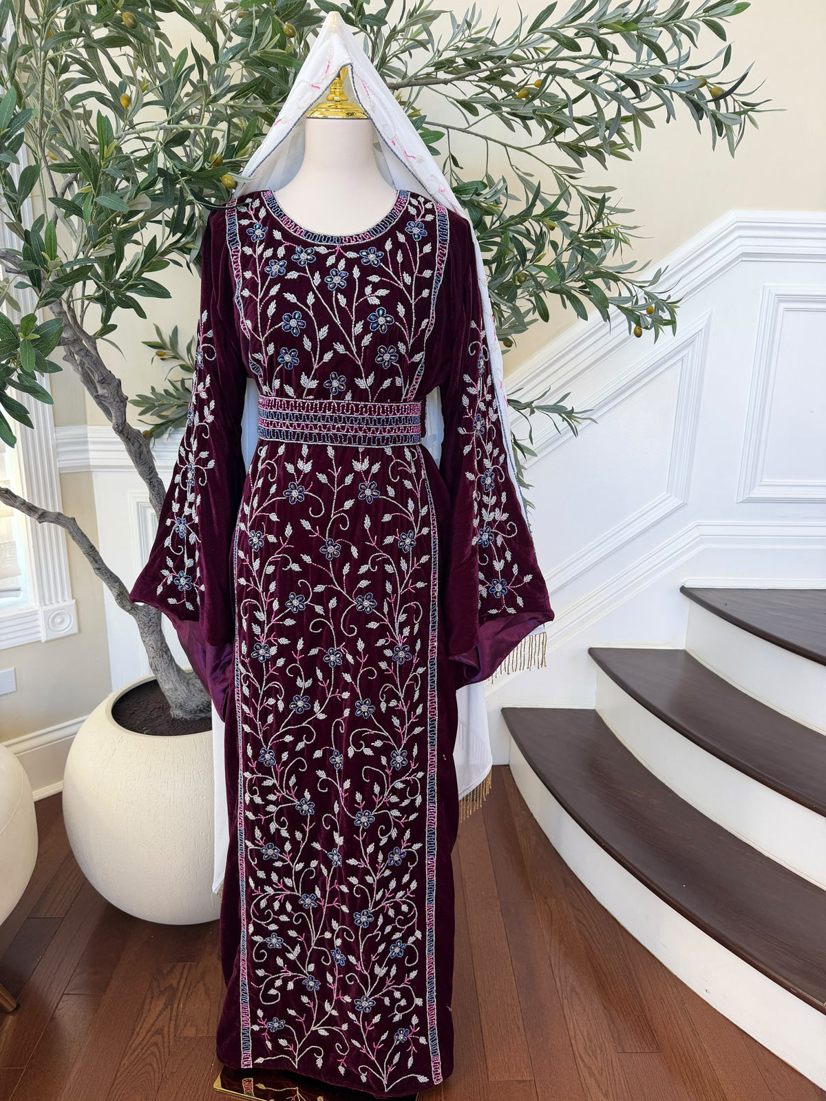 Elegant Burgundy Velvet Thobe with Blue and Silver Floral Embroidery (scarf not included)