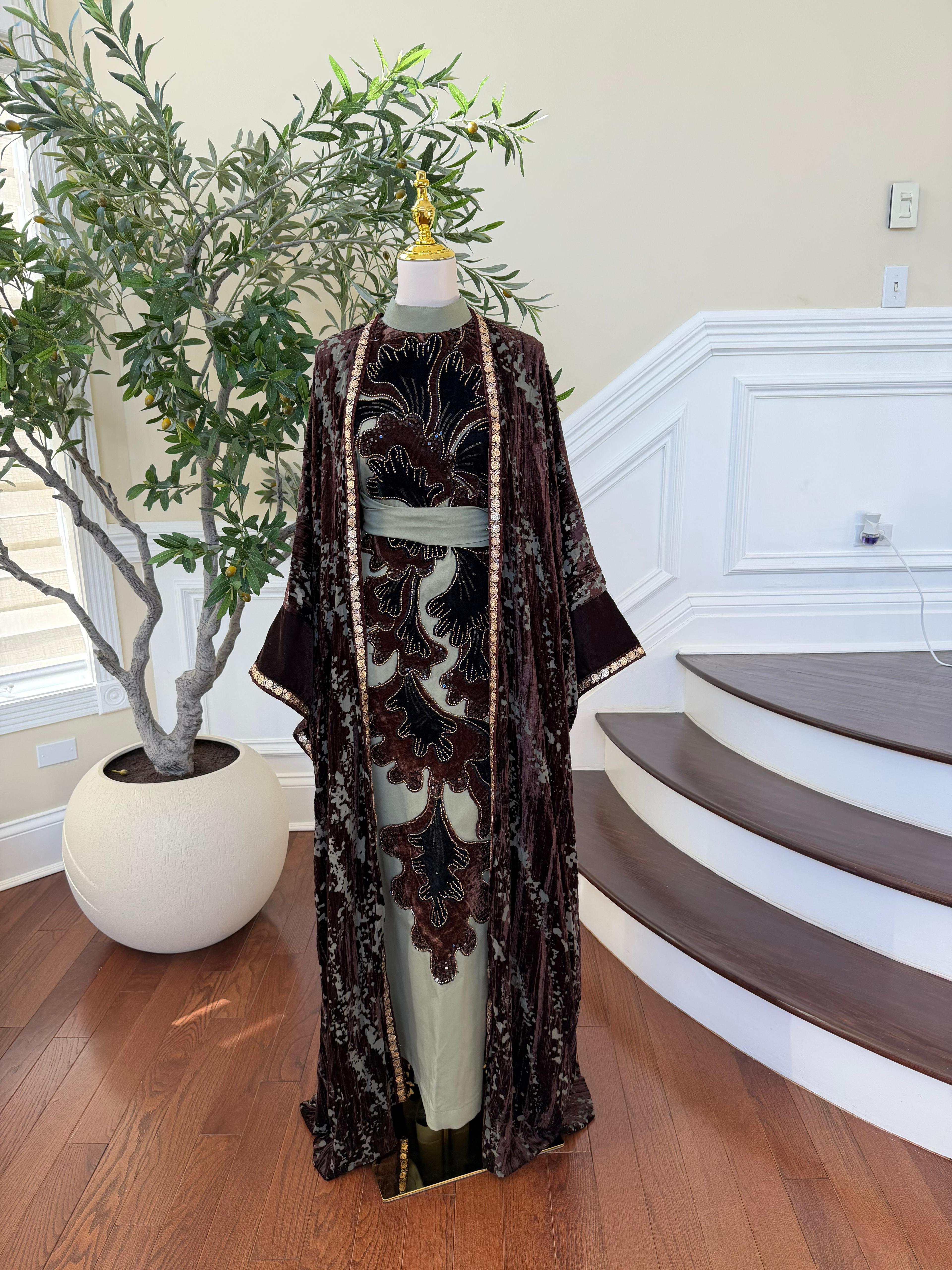 Olive Green Brown Two Piece Abaya