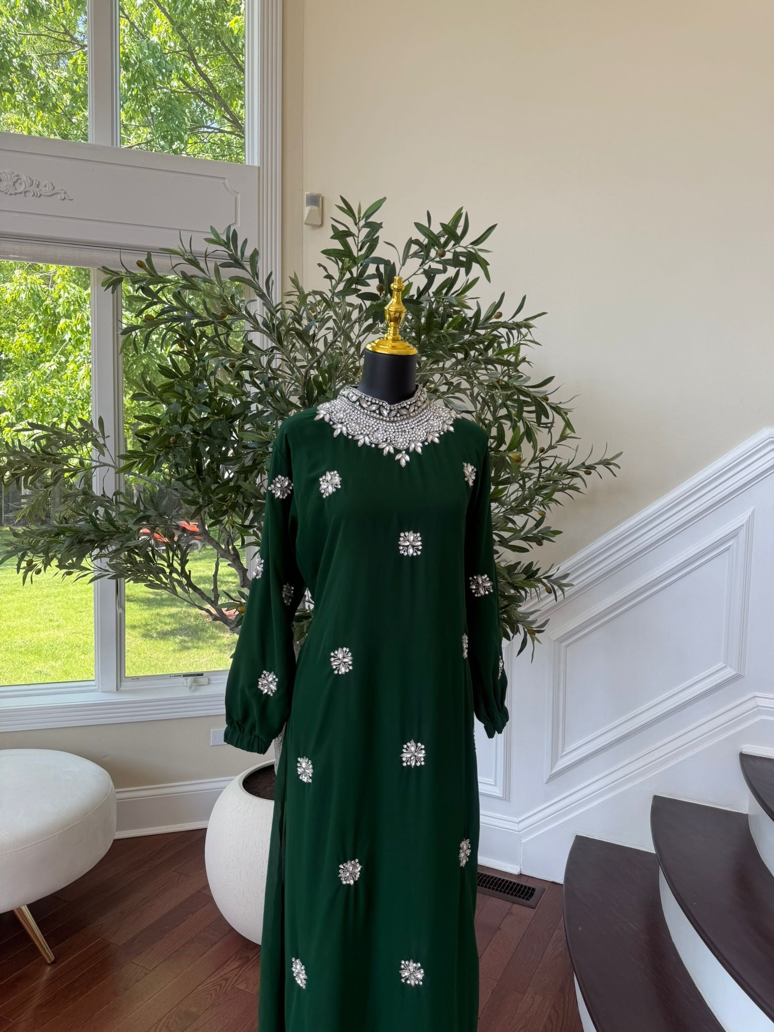 Green Glimmer Stonework Maxi Dress