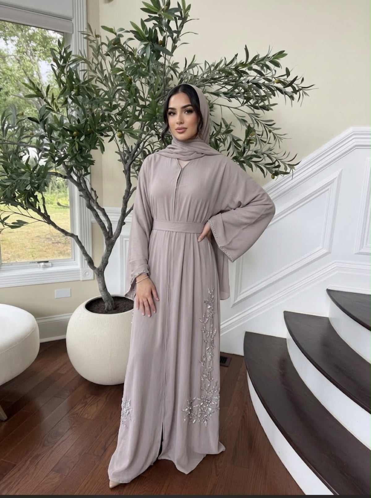 Tan Beaded Elegance Floral Abaya