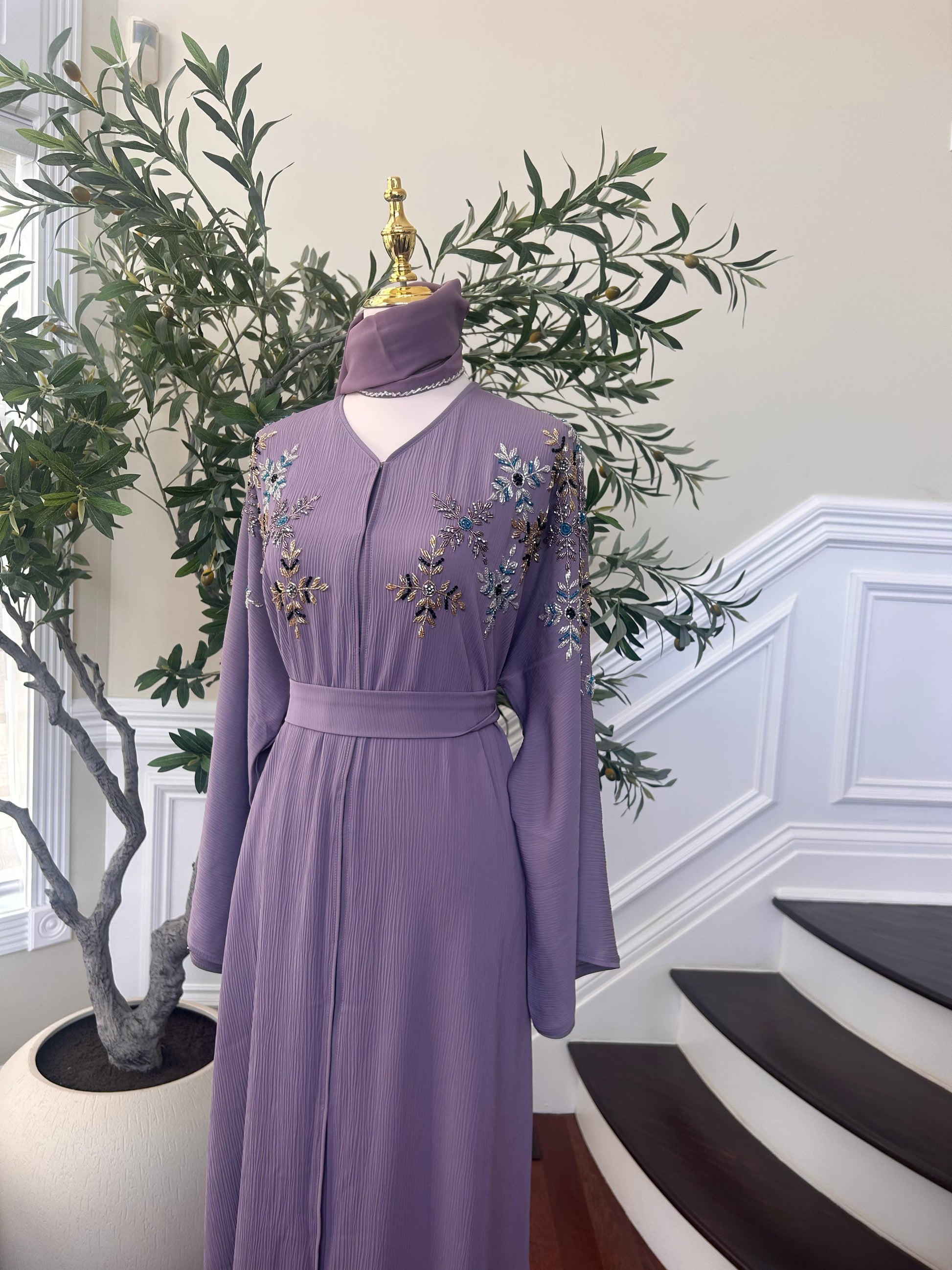 Lavender Beaded Floral Abaya