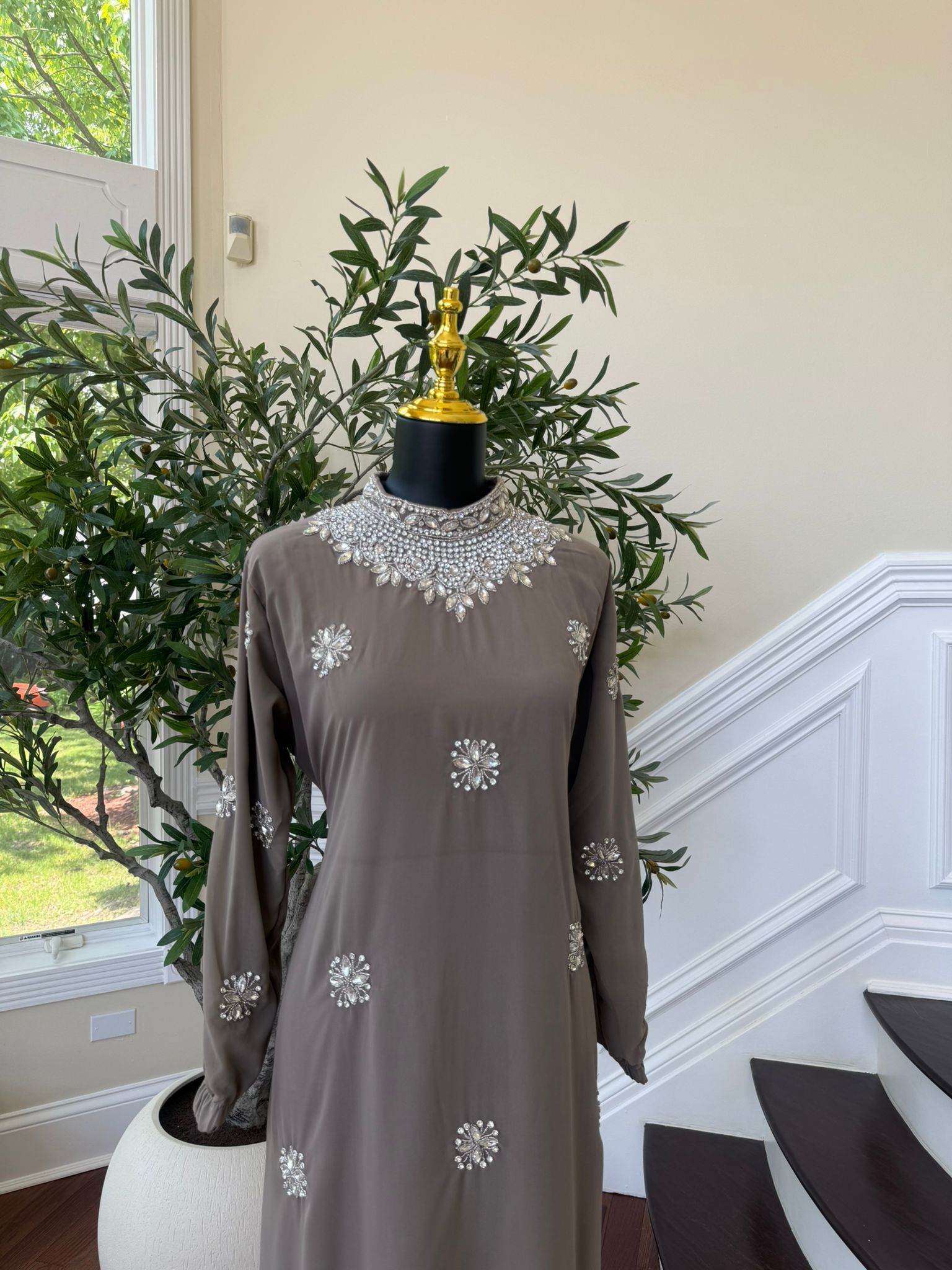 Taupe Shine Stonework Maxi Dres