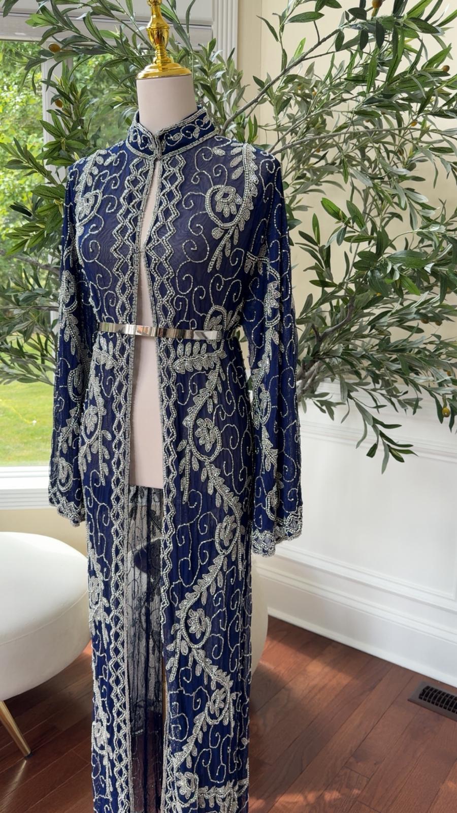 Blue Silver Beaded Abaya