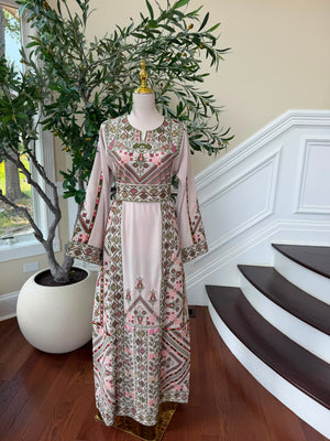 Cream Embroidery Green Tatreez Thobe