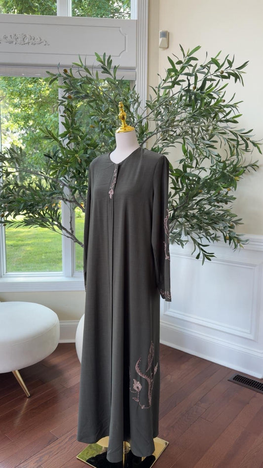 Olive Blush Embroidered Abaya – Soft Grace