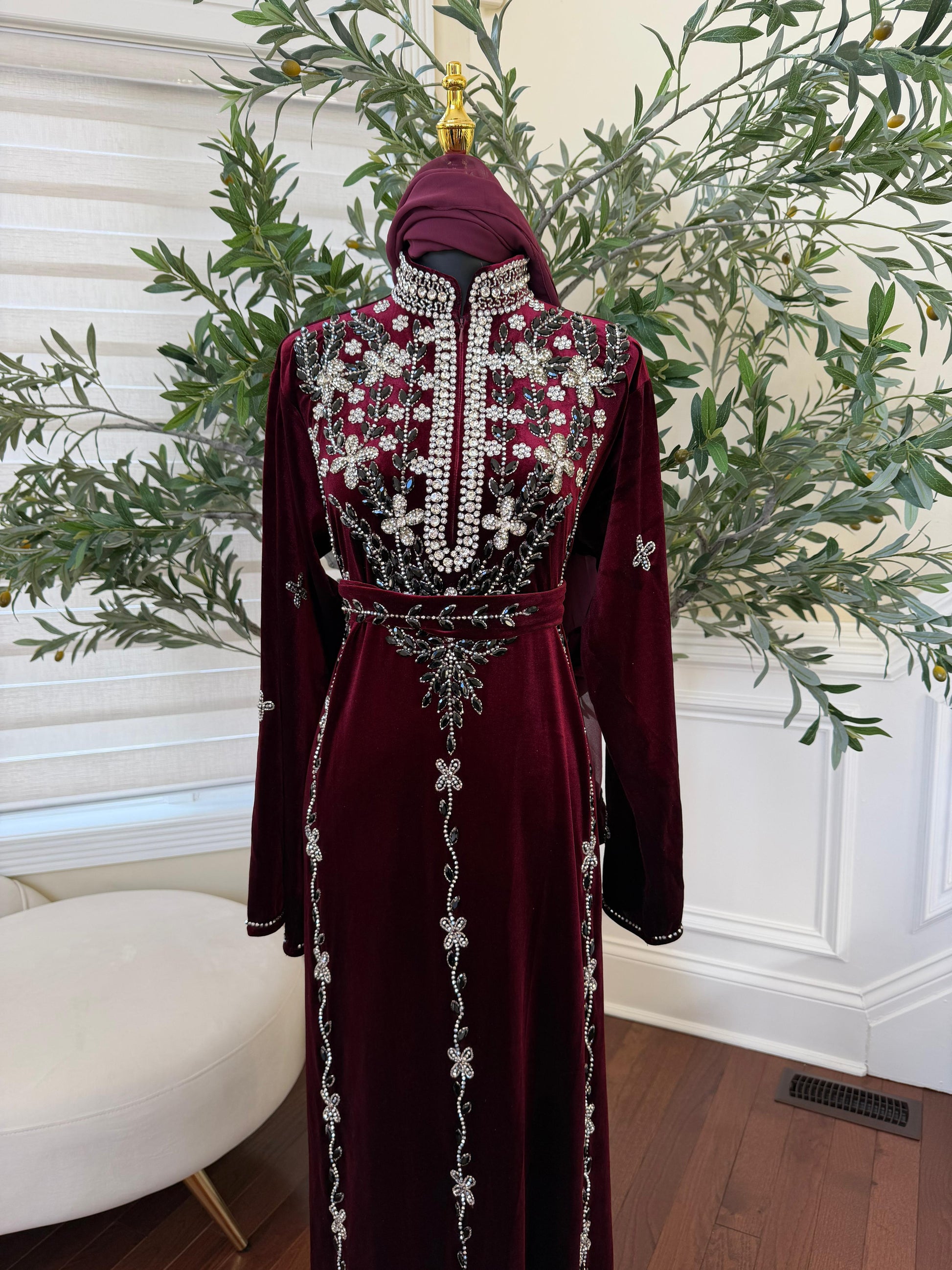 Burgundy Red Crystal Velvet Detailing Abaya