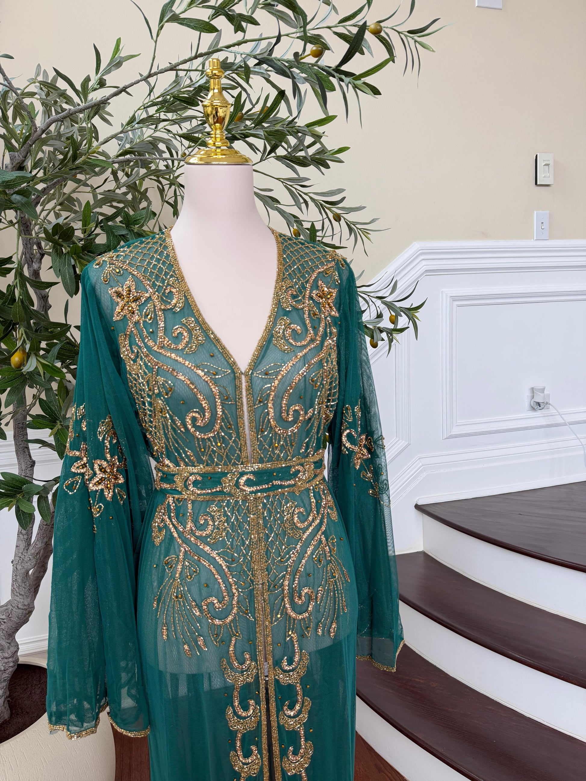 Emerald Green Stone Cardigan Abaya