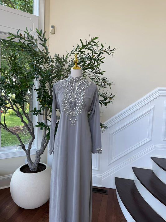 Grey Pearl – Luxe High Neck Kaftan with Intricate Beading