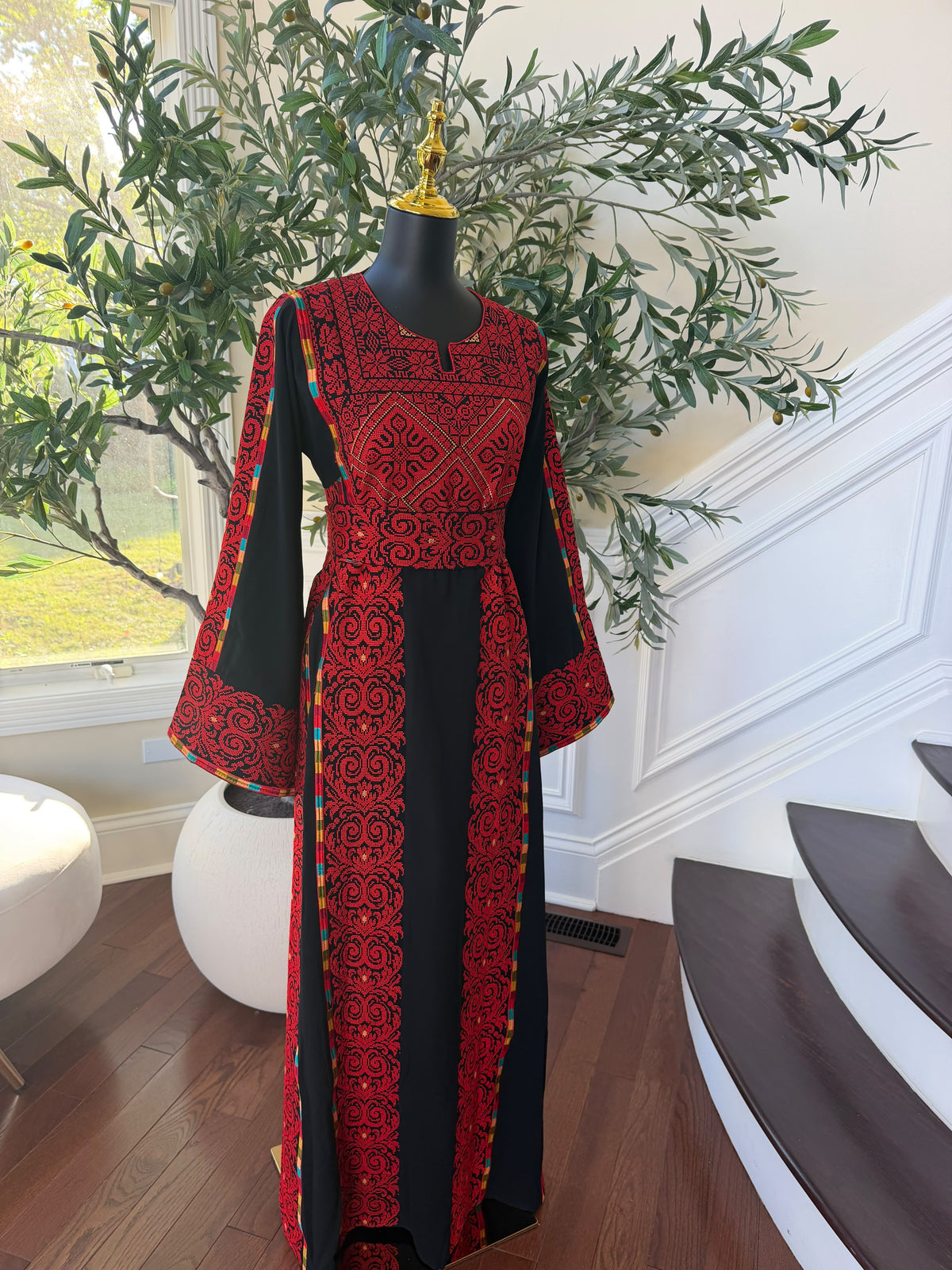 Elegant Black & Red embroidered Palestinian Thobe Dress