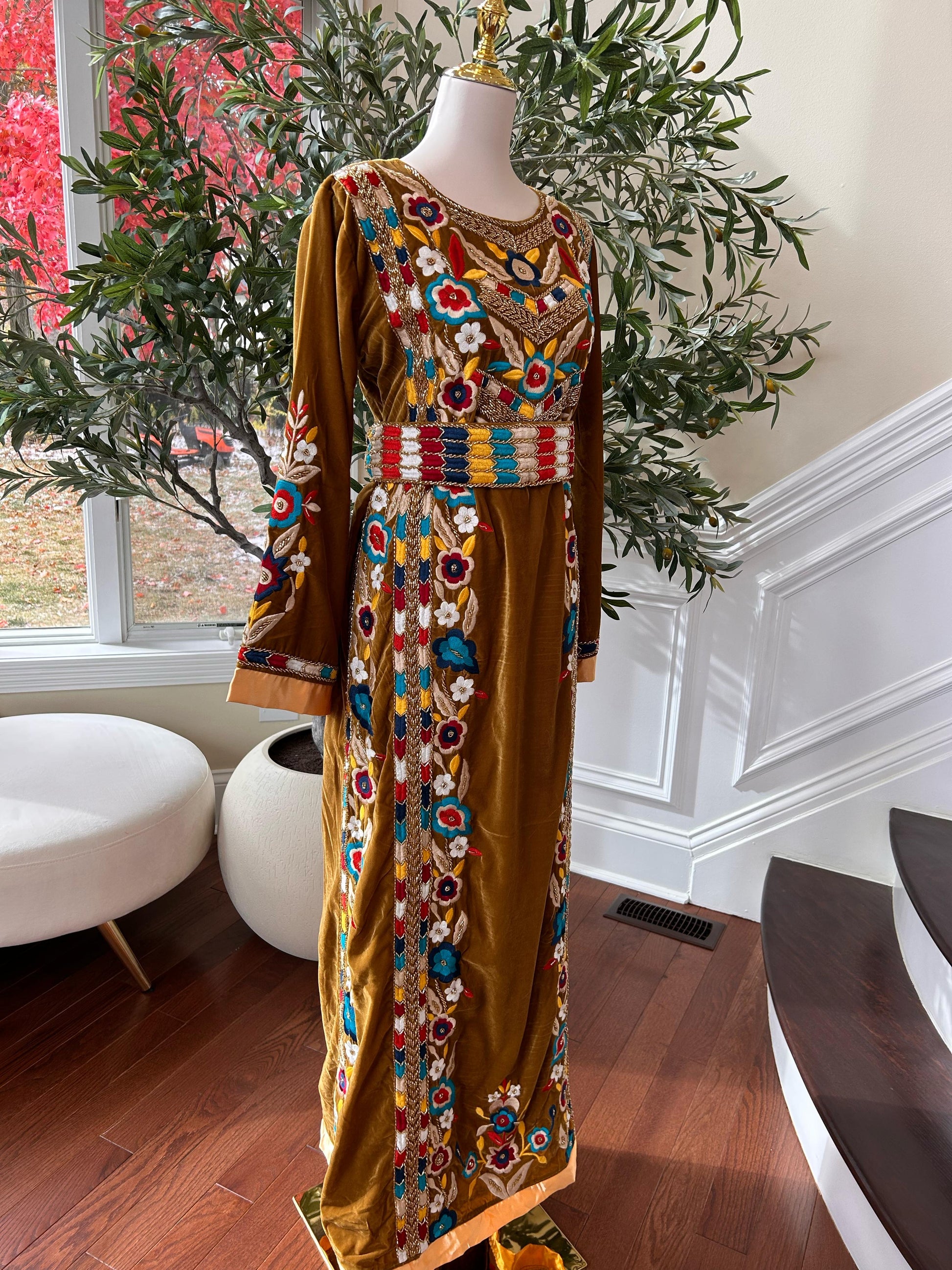 Golden Mustard Velvet Beaded Stone Thobe