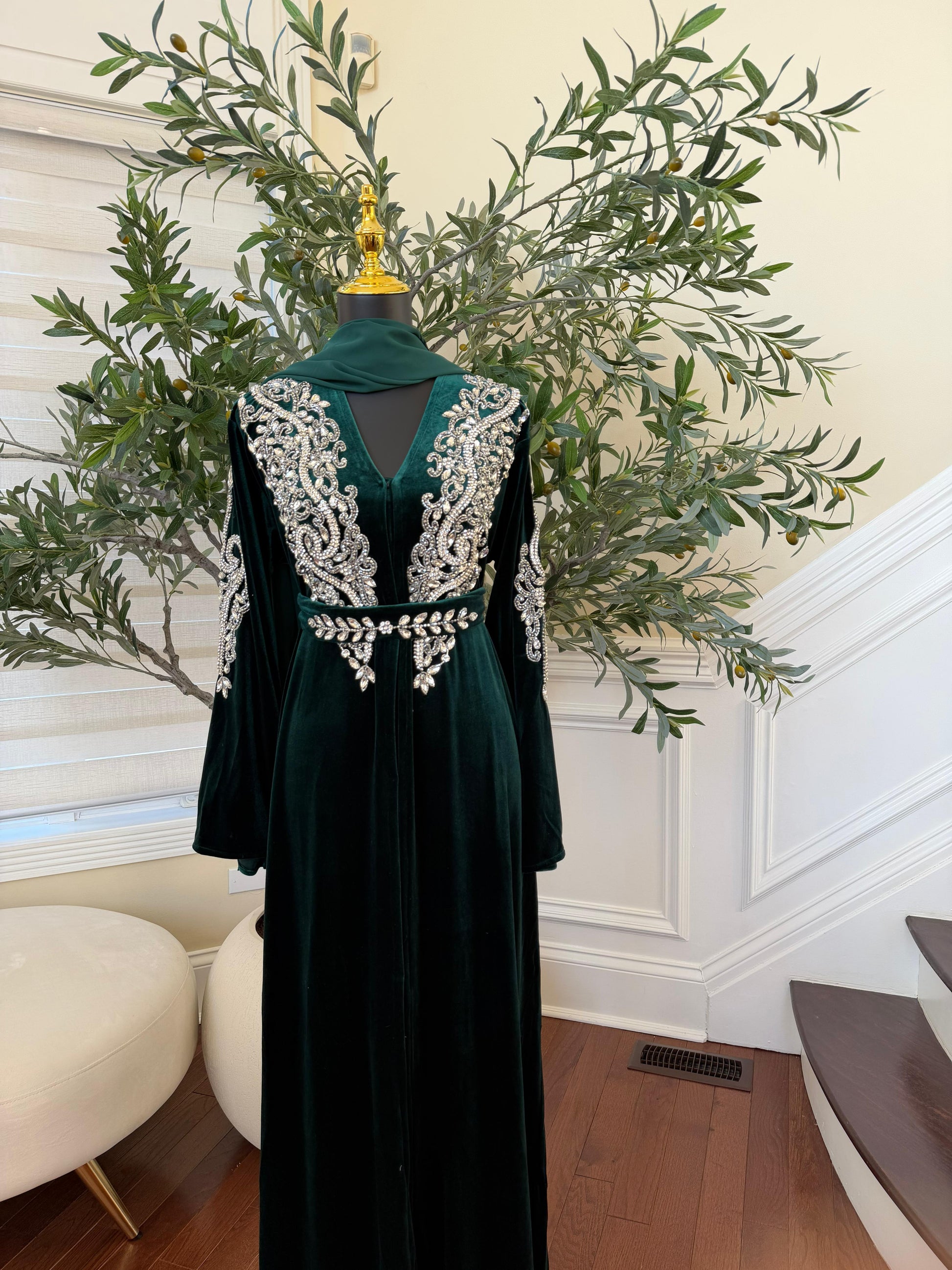 Green Velvet Stone Charm Abaya