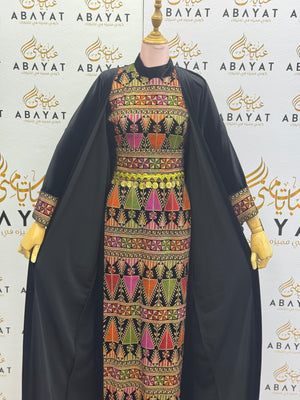 Black Palestinian Thobe with Multicolor Tatreez Embroidery & Coin Belt Detail A1968