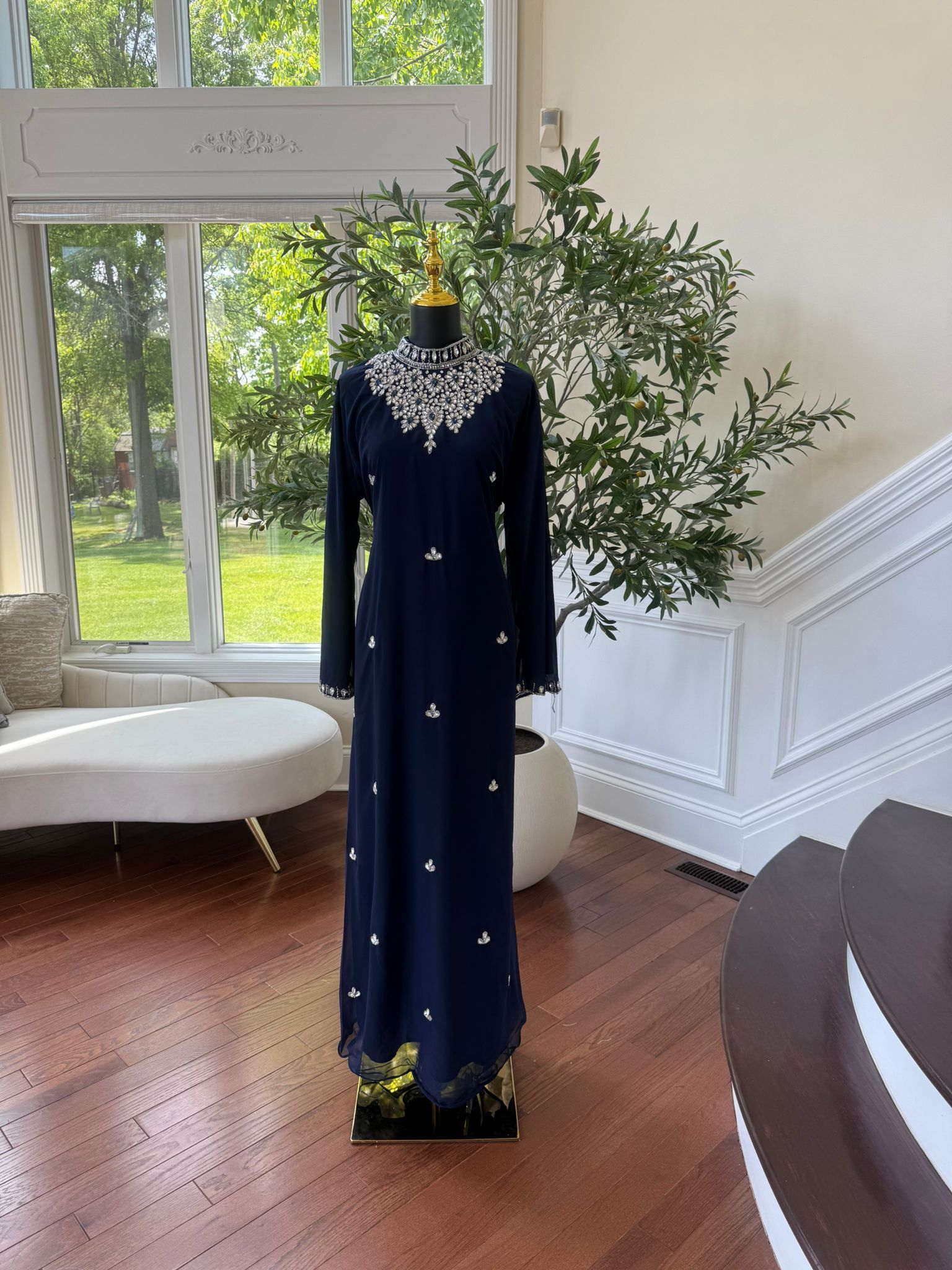 Navy High Neck Crystal Embellished Maxi Dress