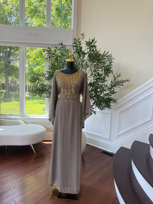 Taupe Elegant Beaded Kuftan Maxi Dress