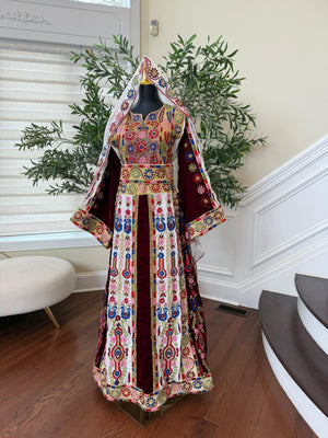 Velvet Maroon and White Traditional Tatreez Sabal Kharaz Detail Thobe