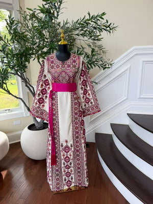 White Embroidery Tatreez Pink Thobe