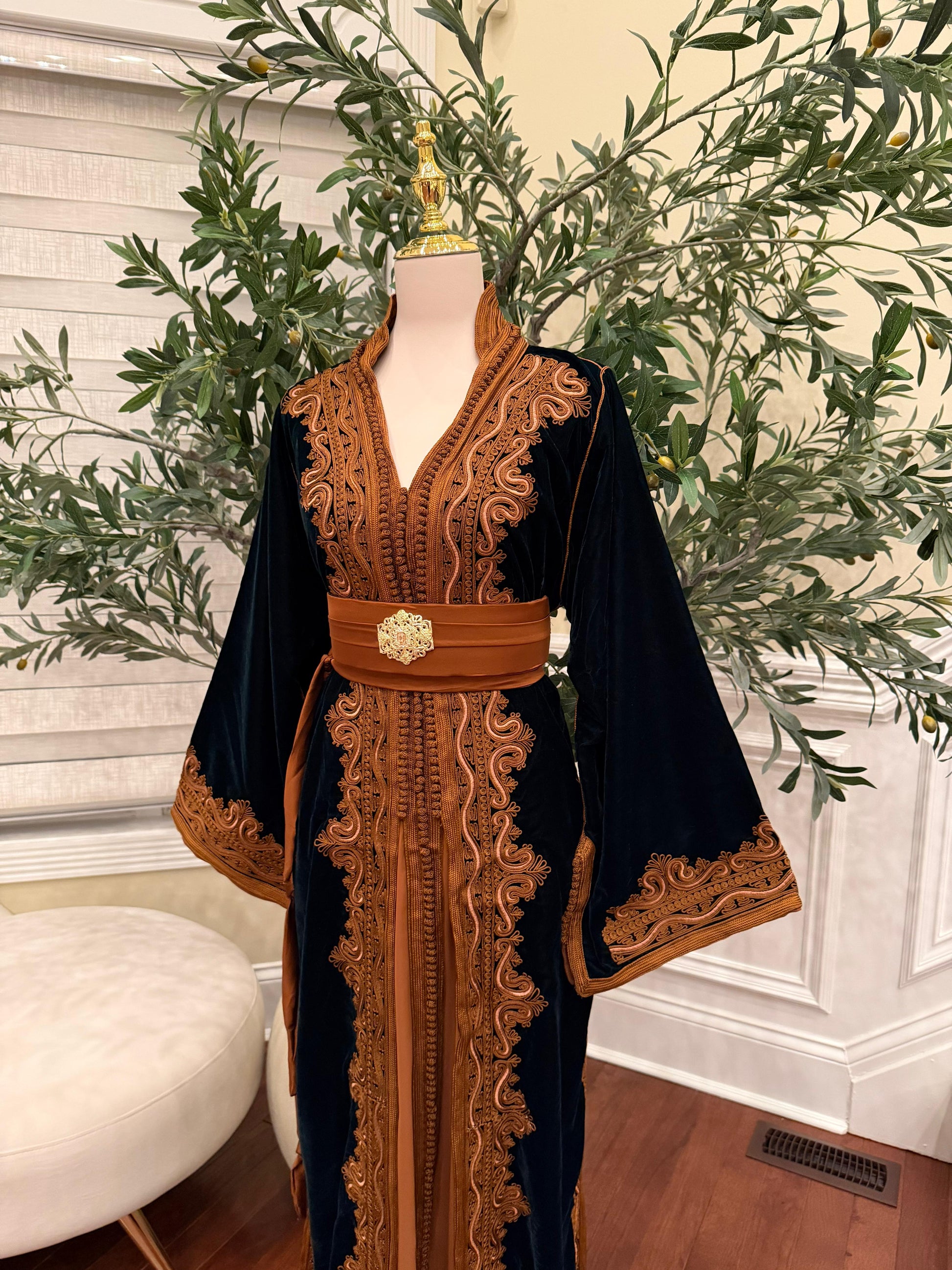 Forest Emerald Green Whisper Velvet Kuftan Brown Embroidery