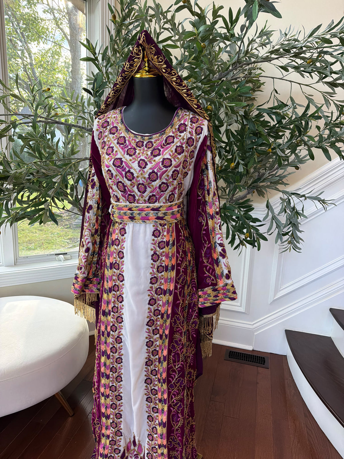 Elegant Purple and Cream Thobe with Intricate Floral Embroidery and Gold Accents (scarf not included)