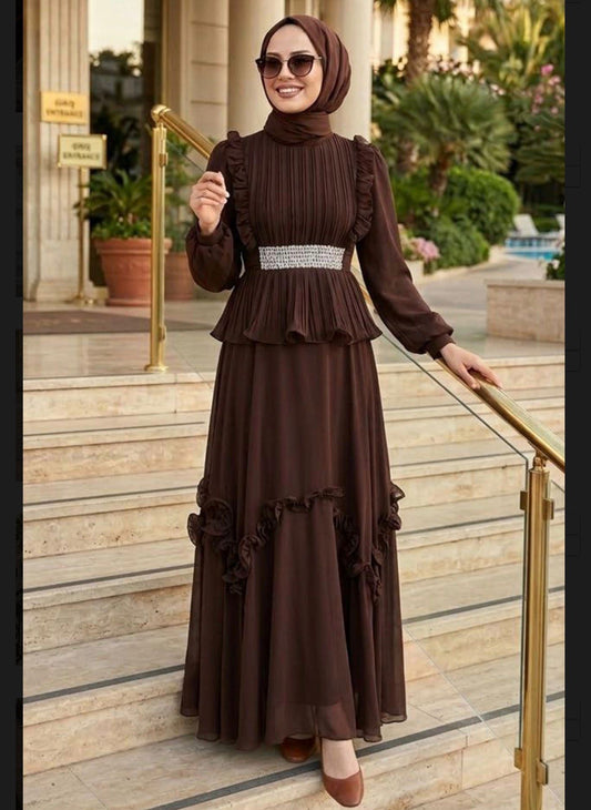 Brown Ruffled Elegance Maxi Dress