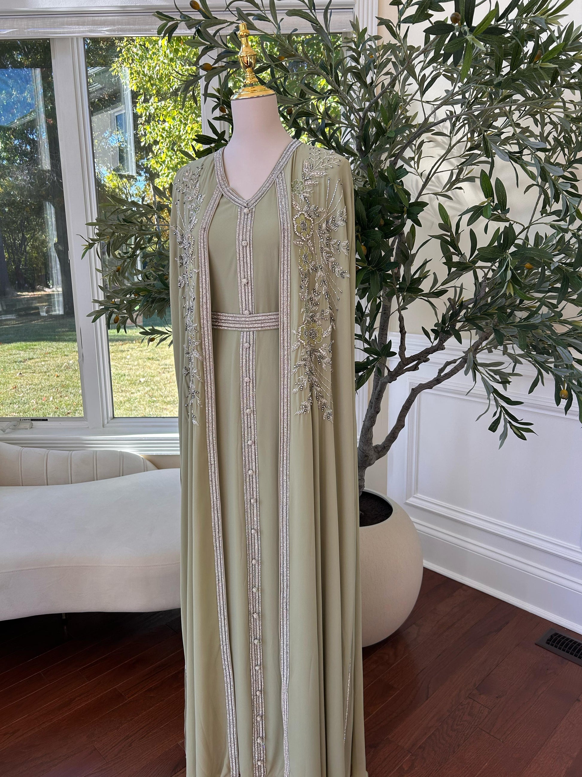 Light Green Floral Kuftan Elegance