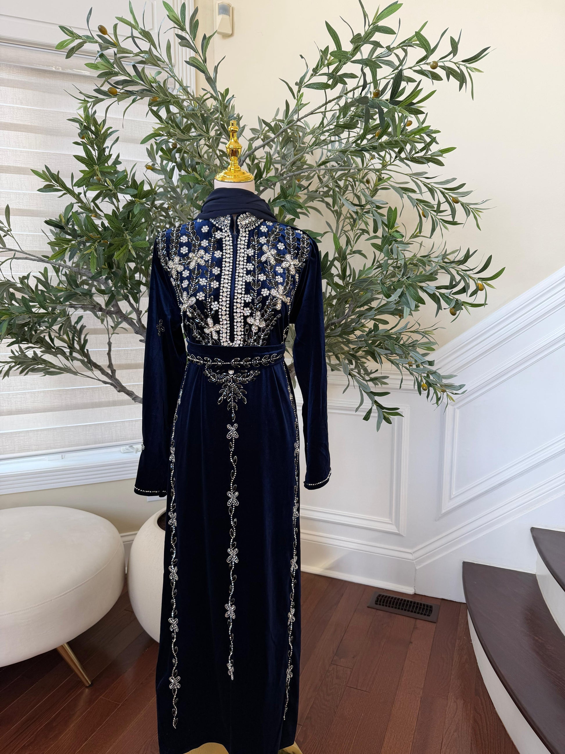 Navy Blue Velvet Beaded Stone Charm Abaya