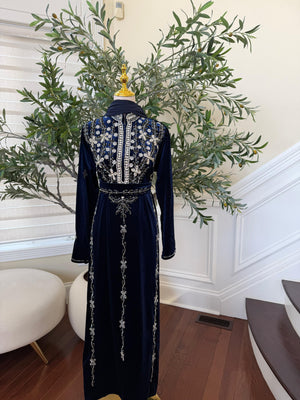 Navy Blue Velvet Beaded Stone Charm Abaya