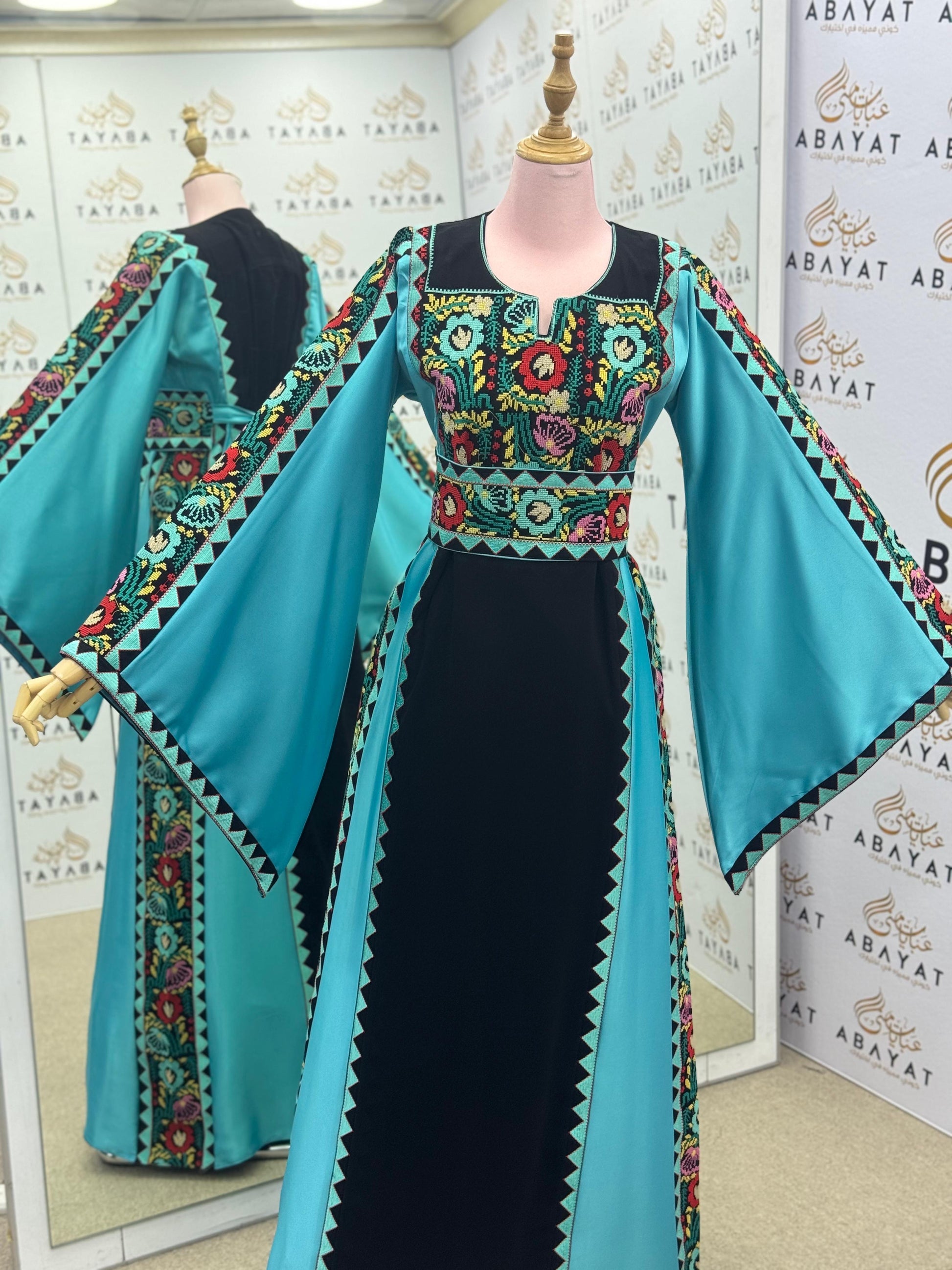 Turquoise & Black Palestinian Embroidery Thobe – Vibrant Heritage Elegance A09102025