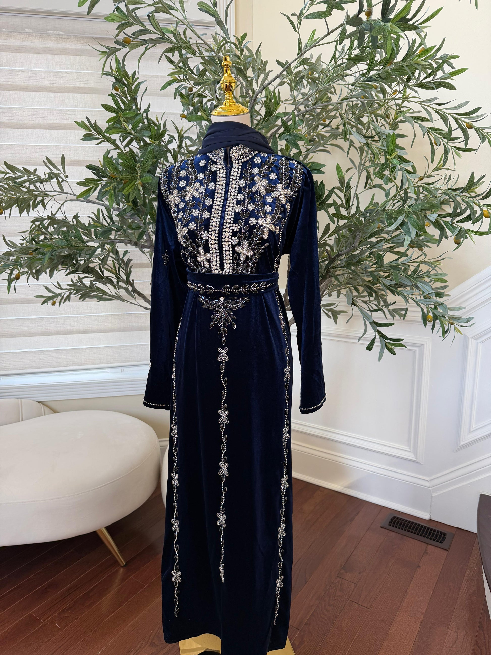 Navy Blue Velvet Beaded Stone Charm Abaya