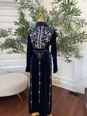 Navy Blue Velvet Beaded Stone Charm Abaya