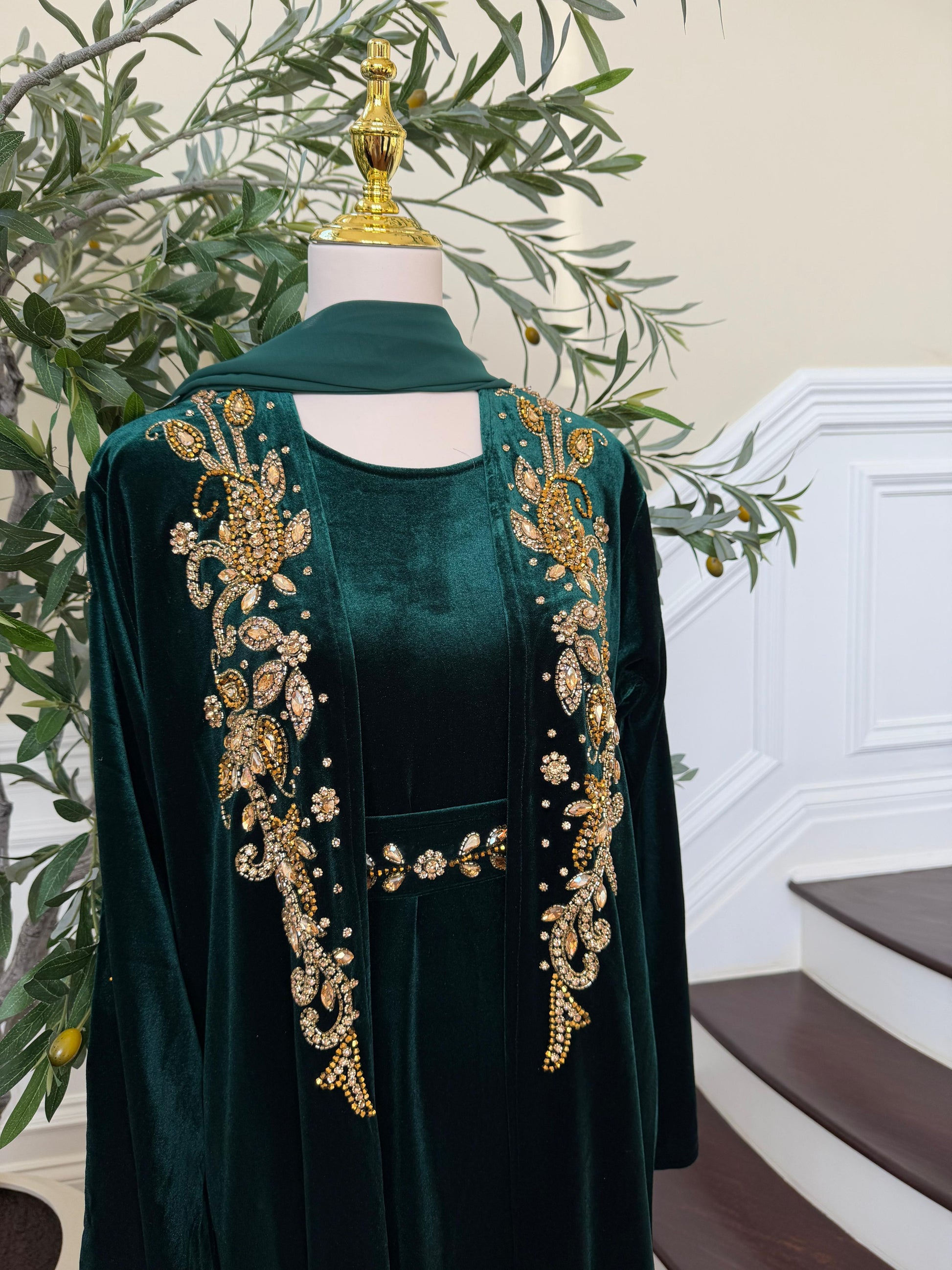 Golden Green Velvet Crystal Two Piece Abaya