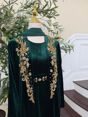 Golden Green Velvet Crystal Two Piece Abaya