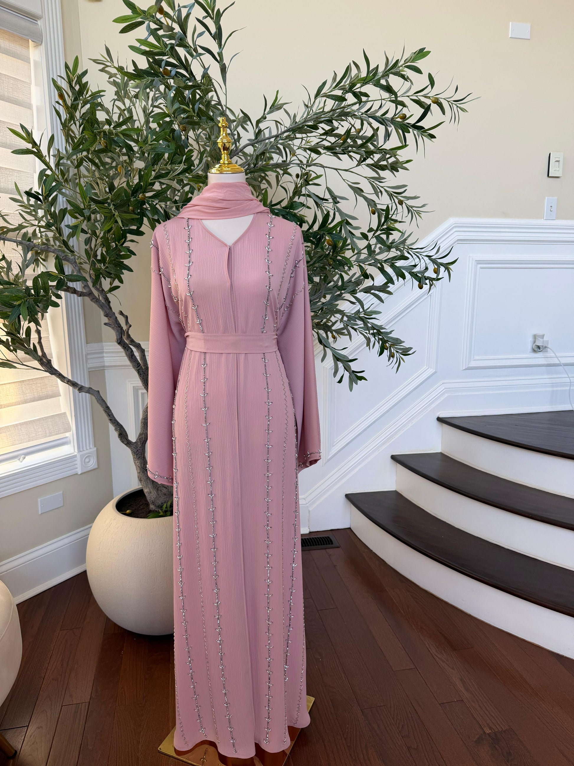 Pink Rose Charm Beaded Abaya