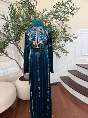 Turquoise Crystal Velvet Design Elegance Abaya
