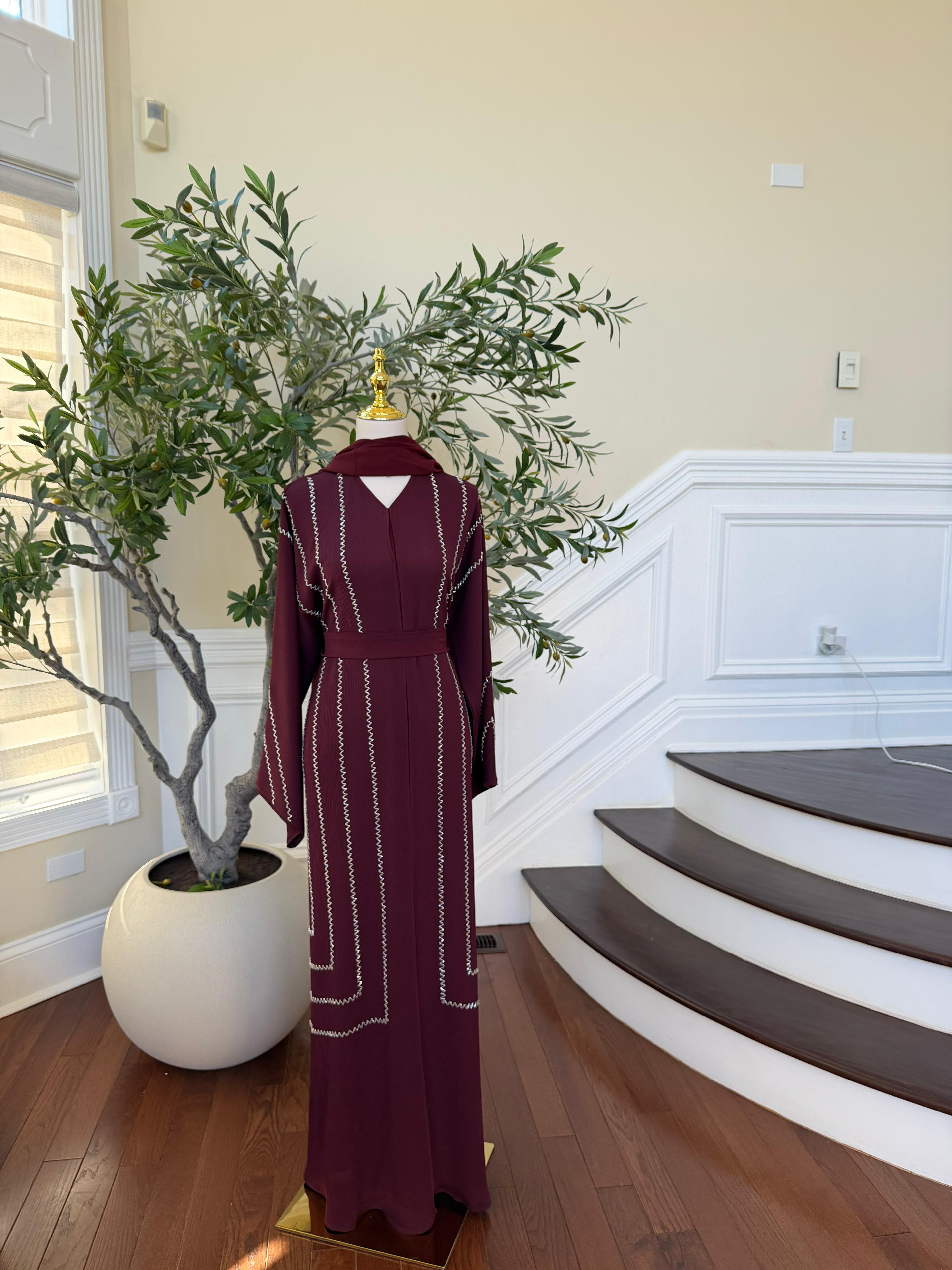 Burgundy Elegance Beaded Abaya