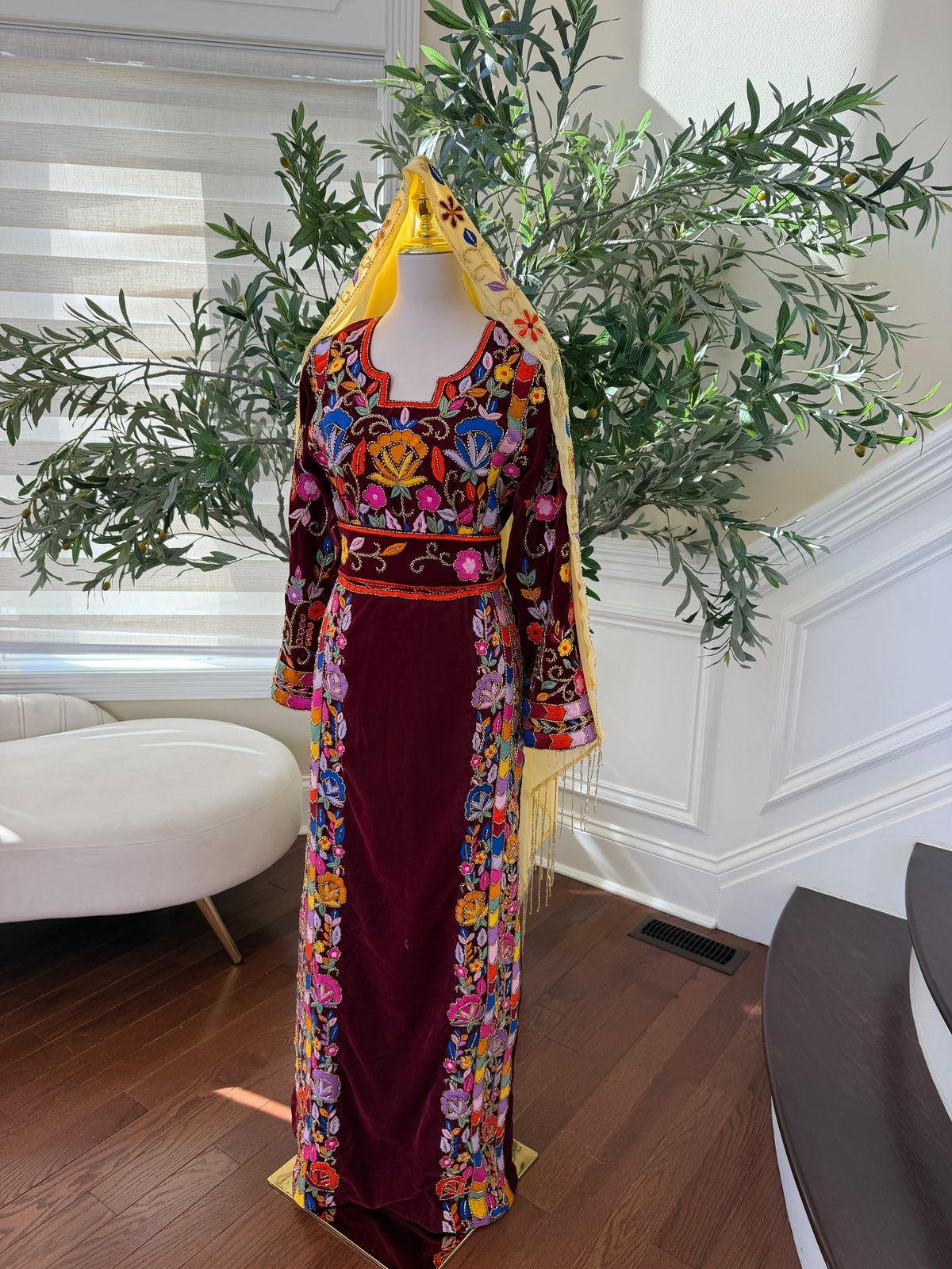 Elegant Burgundy Velvet Palestinian Thobe with Colorful Floral Embroidery – Scarf Not Included