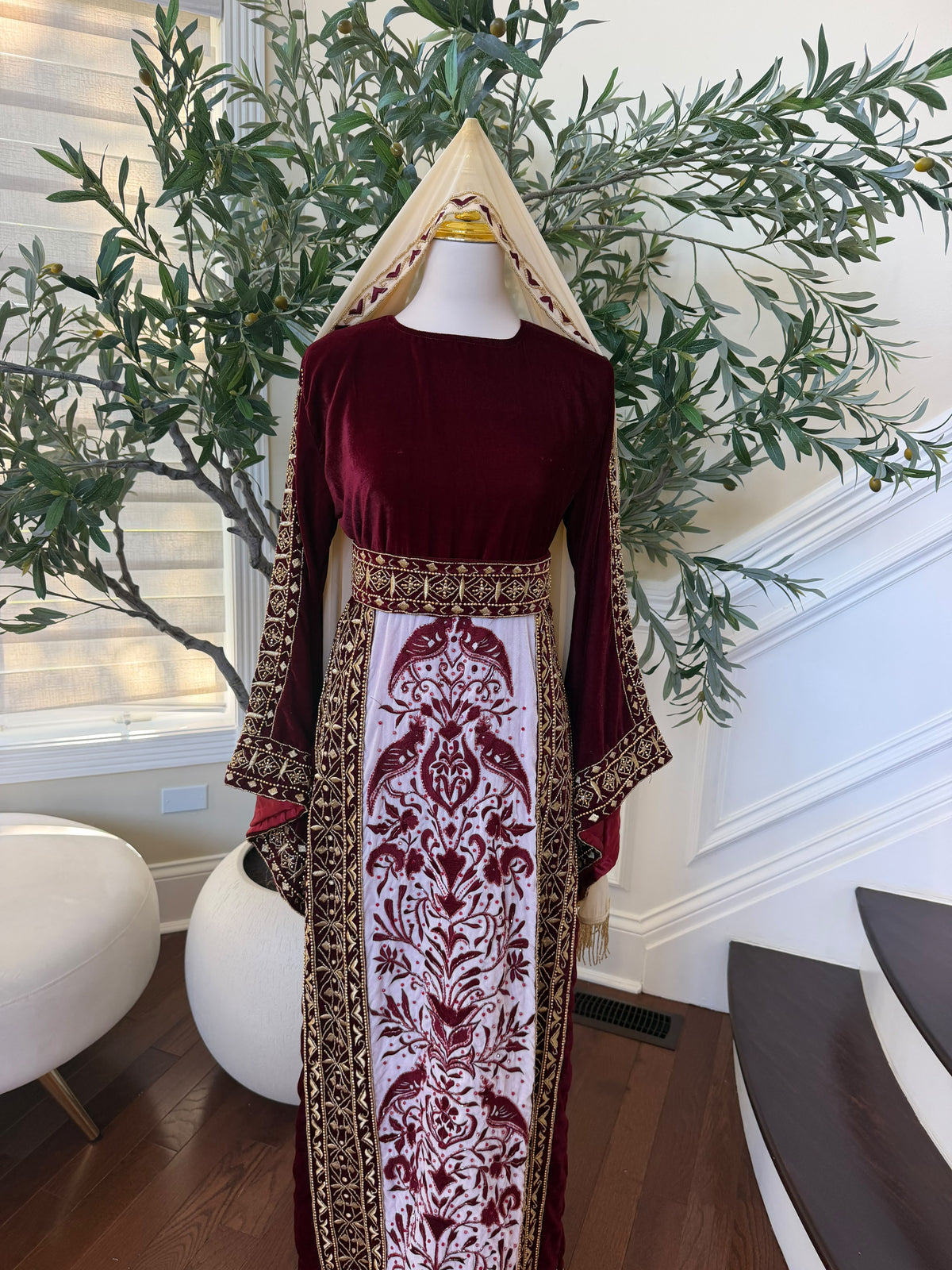 Elegant Burgundy Velvet Palestinian Thobe with Gold Embroidery