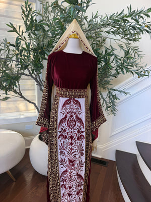 Elegant Burgundy Velvet Palestinian Thobe with Gold Embroidery