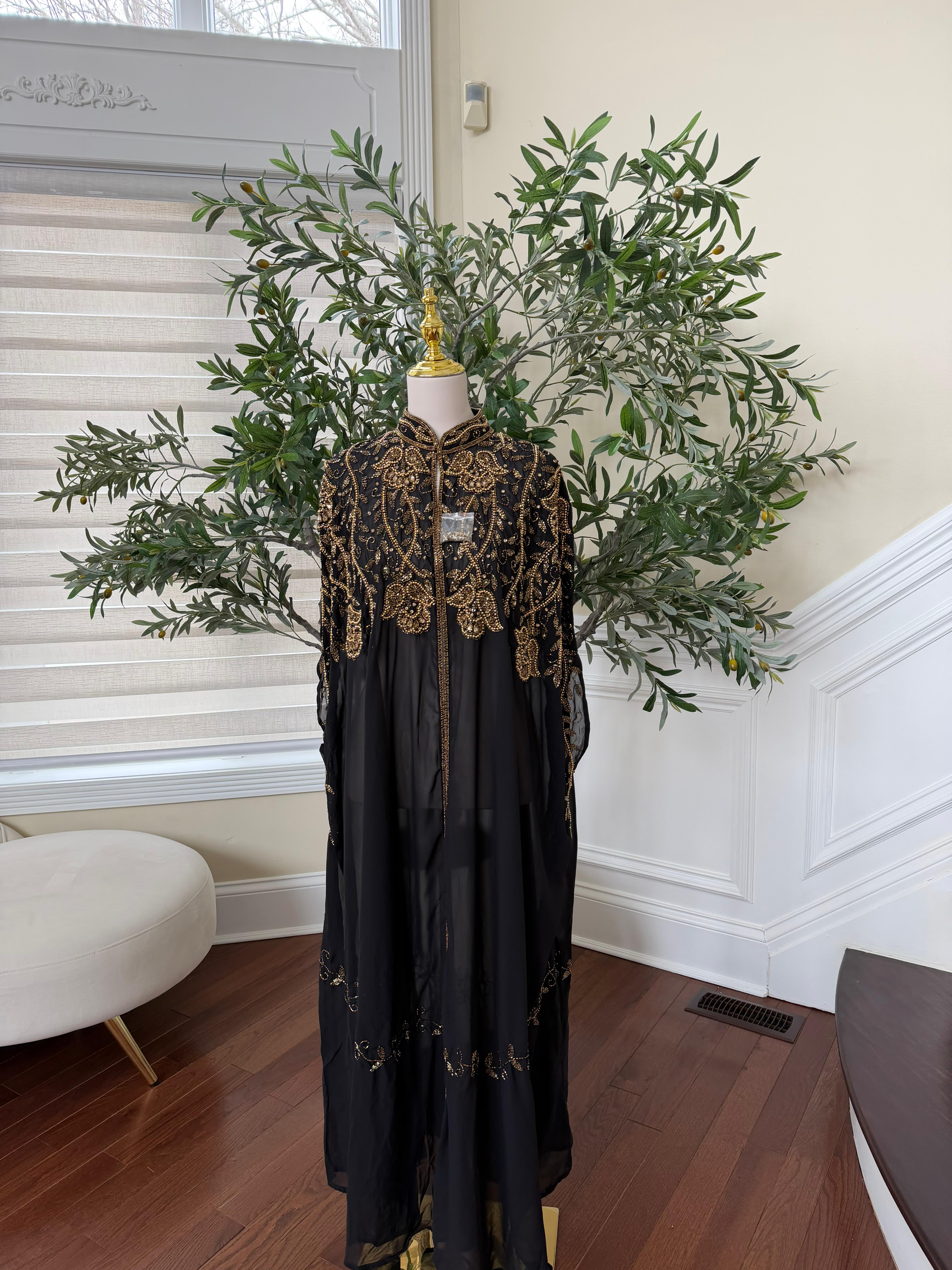Golden Black Stone Beaded Cardigan Abaya