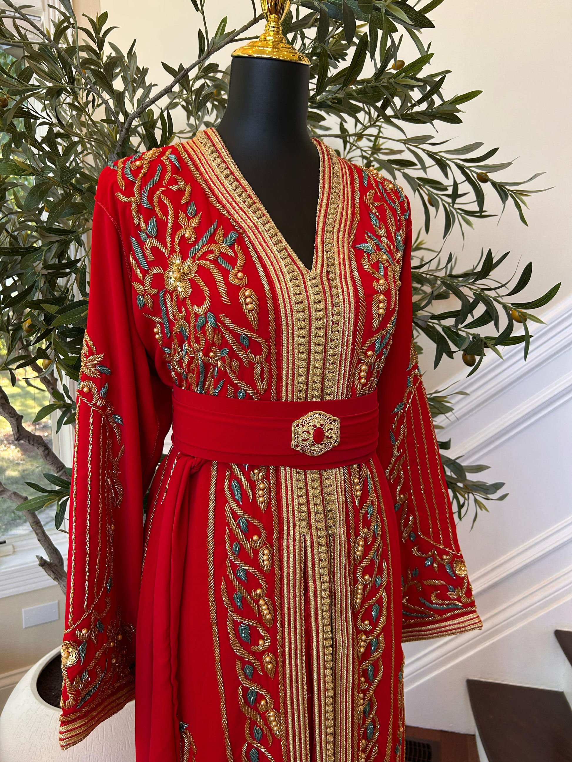 Red Embellished Golden Kuftan