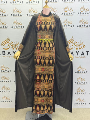 Chocolate Brown Palestinian Thobe with Golden Tatreez Embroidery A1968
