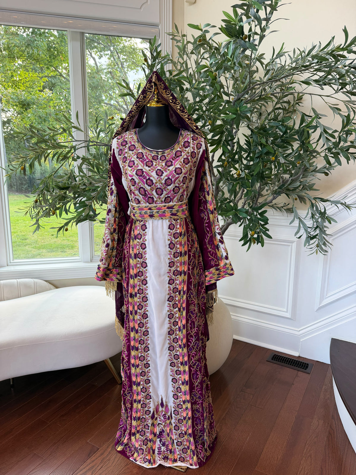 Elegant Purple and Cream Thobe with Intricate Floral Embroidery and Gold Accents (scarf not included)